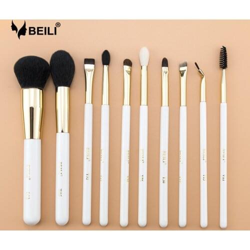 BEILI 10 pieces Luxury Makeup brush set Eye blending Petit crease Smokey shade Pearl White Gold Professional Makeup brush