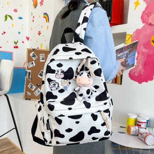 Spring New Waterproof Cow Pattern Lovely Backpack For Women Casual Simple College Student Schoolbag Teenage Girl Badge Backpack