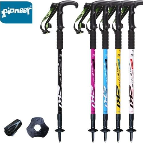 Pioneer 2 Pcs Hiking Poles With Anti-shock System T Handle Aluminum Alloy Trekking Cane Telescopic Adjustable Walking Stick