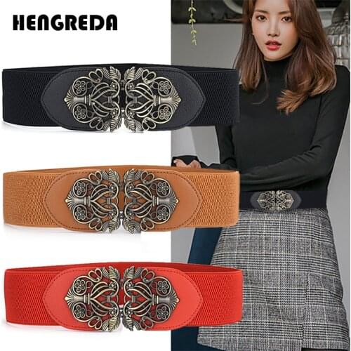 Wide Elastic Belt for Coat 2019 Women Corset Belt for Sweater& Skrit Hengreda Ladies Cinch Belt with Flower Metal Buckle