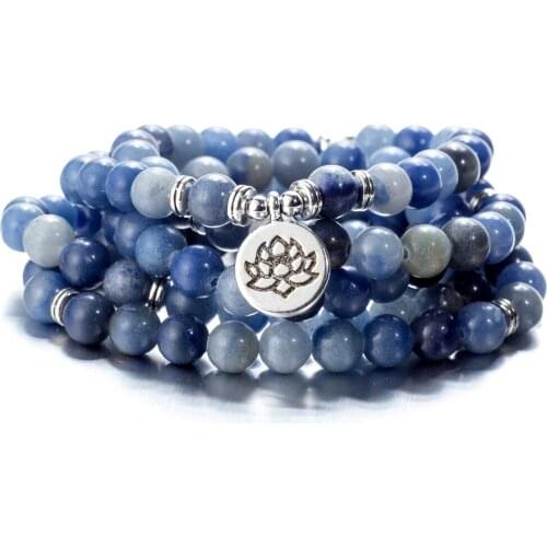 Blue-aventurine Stones 108 Mala Beaded Multi-layer Chakra Bracelets Lotus OM Tree of Life Buddha Meditation Jewelry