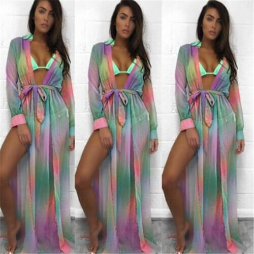 Women Sheer Summer Beach Bikini Cover Up Long Swimwear Cover Bathing Coat