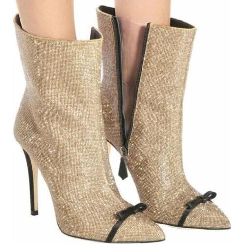 Woman Bowtie Gold Shining Ankle Boots Sexy Bling Bling Silver Pointed Toe Stiletto Heels Pumps Ladies Large Size Banquet Shoes