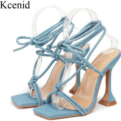 Kcenid New Summer Women Shoes Sandals Blue Denim Fabric Fashion Cross-Tied Spike High Heels Lace-Up Party Pumps Size 41 42