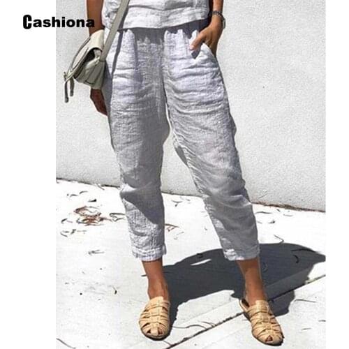 Cashiona Women Linen Pants 2021 Summer Casual Elastic Waist Trousers with Pocket Plus Size 4xl 5xl Female Calf-Length Pants