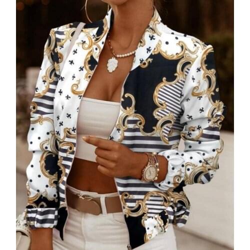 Vintage Pattern Print Patchwork Jacket Women Elegant Stand Collar Zipper Cardigan Spring Autumn Long Sleeve Office Coats Outwear