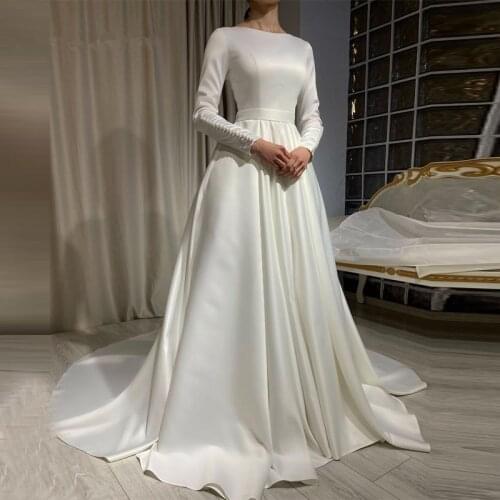 Elegant Satin Full Sleeve Wedding Dress for Bride Scoop Neck Buttons Wedding Bridal Dresses Vestido De Novia Robe Mariage