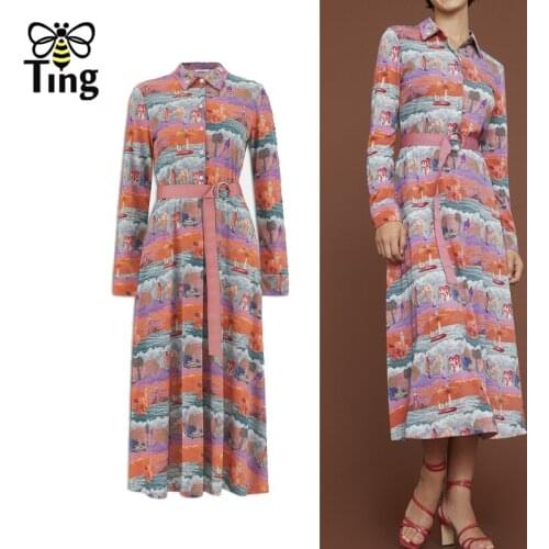 Tingfly Women Fashion Floral Print Spring Autumn Button Up Long Dress Vintage Elegant Celebrity A Line Casual Vestidos Haut Robe