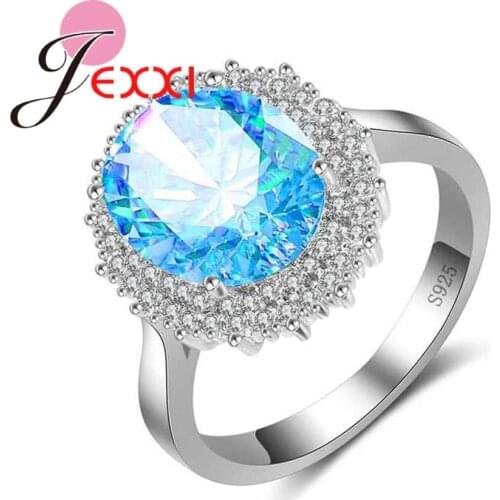 Luxury Elegant Oval Flower Design Blue Austrian Crystal Rings 925 Sterling Silver Finger Jewelry for Women Bridal Wedding