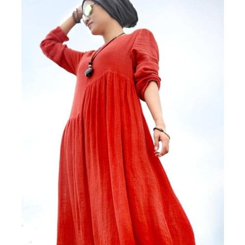 Autumn 2020 Summer Dresses Vintage long Sleeve Robe Long Loose Plus Size S-5XL 6XL Women Dress Casual muslim Maxi Linen Dress