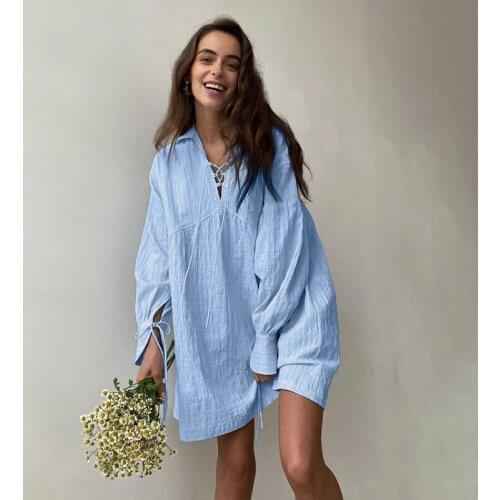 Blue V-neck Lace Up Casual Women Dress Long Sleeves White Dress Ladies Elegant A Line Autumn Shirring Loose Female Short Dresses