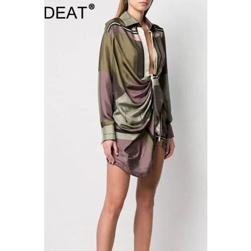 DEAT 2021 Leisure Full Sleeve Asymmetrical Empire Waistline Knee Length Dresses Women V Neck Loose Print Dress Autumn New TD660