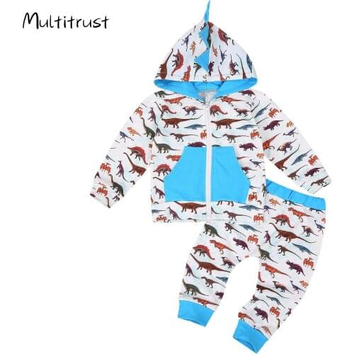 Toddler Boy Clothes 2-6Y Infant Dinosaur Outfits Long Sleeve Front Pockets Hooded Cardigan + Trousers 2pcs