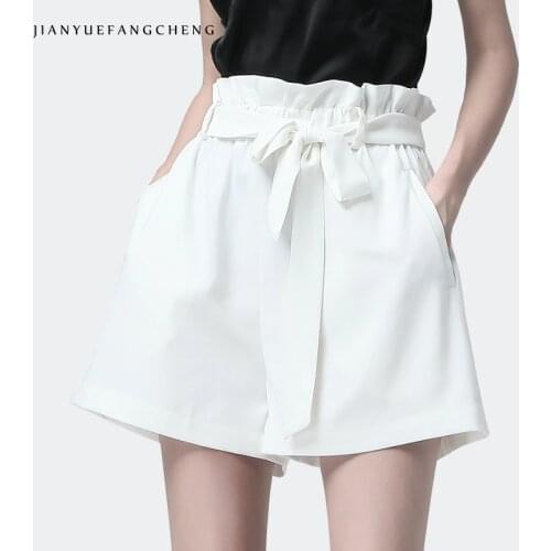 Summer Women Shorts With Belt Tie Up Elastic High Waist Wide Leg Casual Pocketed Plus Size Solid Color Loose Casual Lady Clothes