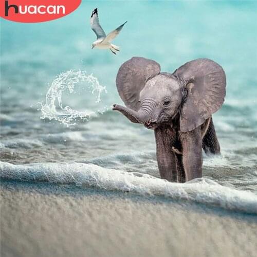 HUACAN Diamond Embroidery Elephant Handicraft Full Square Round 5d Diamond Painting Animal Mosaic Seaside Needlework Home Decor