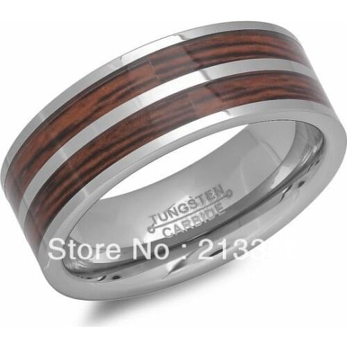 FREE SHIPPING! USA HOT SELLING E&C TUNGSTEN JEWELRY Silver Tungsten Wedding Band- 8mm- Double Wood Inlay, High Polished Edges