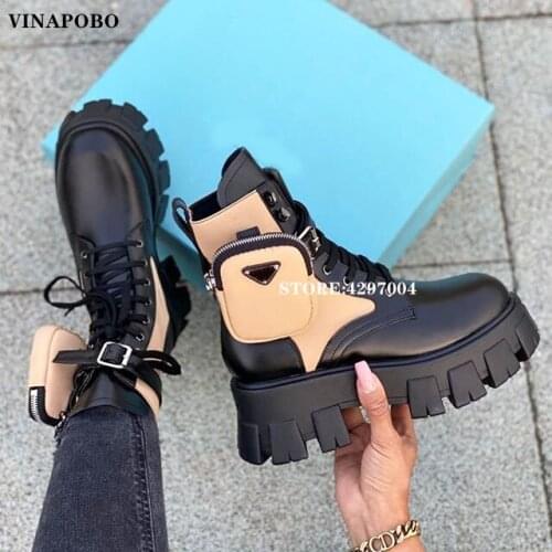 Thick bottom martin Boots Women genuine leather mixed colors removable pocket design ankle Boots Motorcycle Boots runway shoes