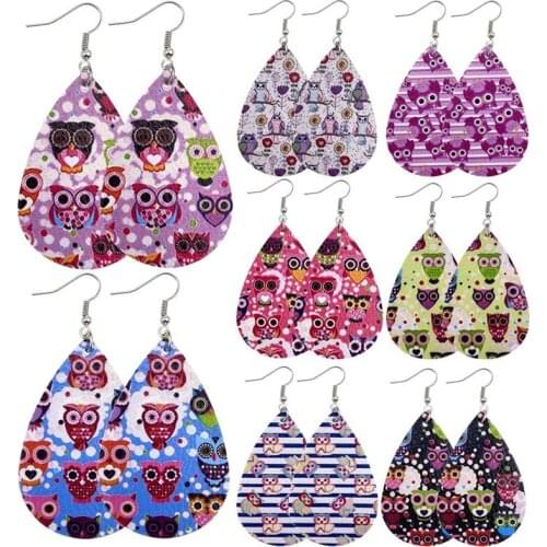 Doreen Box Owl Print Leather Earrings Double-sided Earrings Fashion Jewelry for Halloween Party for Women 5.8cm x7.7cm,1 Pair