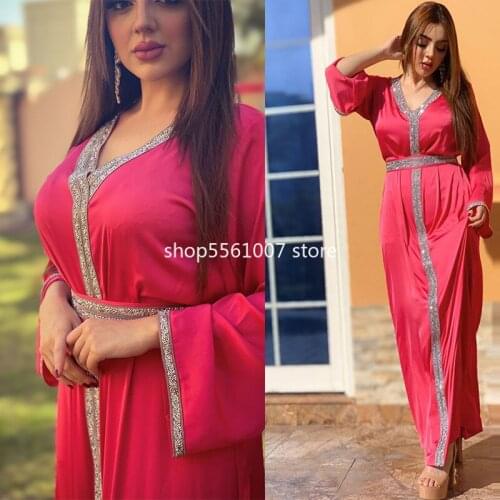 Eid 2021 Dubai Crystal Jelleba Maxi Belted Dress Loose Women Muslim Arab Saudi Abaya Morocco Caftan Plus Size Pink Party Banquet