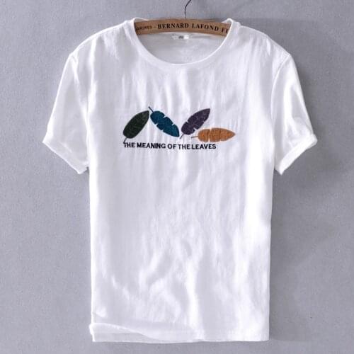 2019 Summer linen short-sleeved t-shirt trend male embroidery casual white round neck t shirt men brand fashion tshirt camisa