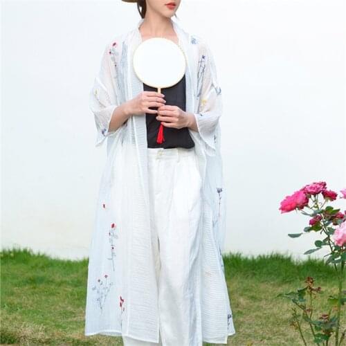 SCUWLINEN 2021 Women Vintage Artsy Women Cardigan Floral Embroidery Loose Three Quarter Sleeve Sun Protection Trench S1227