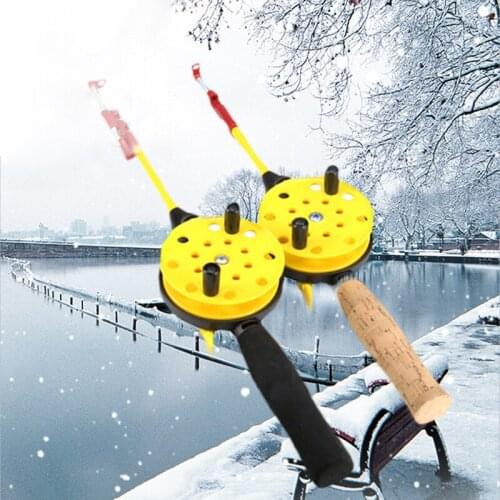 Ice fishing wheel reel fishing rod one set send fish line hooks wood grain black EVA handle
