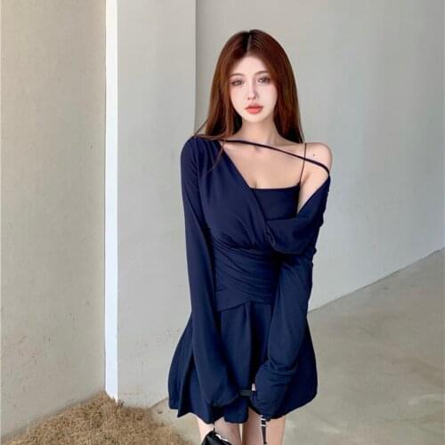 New High Quality Slim Ladies Trendy Blue Dress 2021 Autumn Sexy French Waist Long-sleeve Light And Mature Style Skirt