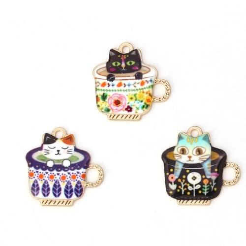Doreen Box Zinc Based Alloy Charms Pendants Cup Cat Gold Plated Blue Message Enamel Pendants 15mm(x 14mm( 4/8"), 10 PCs