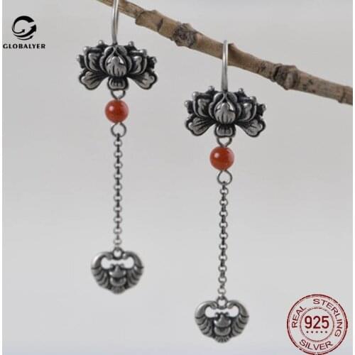 S925 Silver vintage thai silver earrings Women fashion ethnic peony flower Bat tassel earrings Party accessories 276