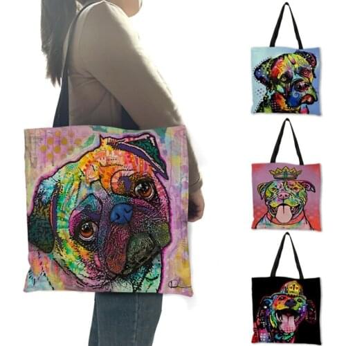 New Style Fashion Hand Bags Colored Animal Painting Dogs Cats Linen Casual Large Reusable Shoulder bag for Women