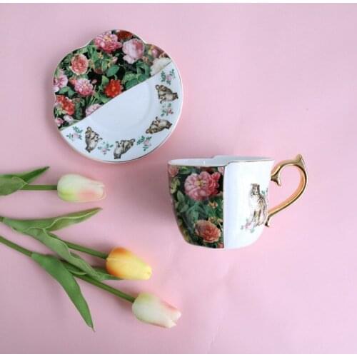 Tiger Flower Coffee Cup Saucers Retro Luxury Gold Edge Mug with Dish Funny Coffee Set Afternoon Ceramic Irregular Tea Tumbler