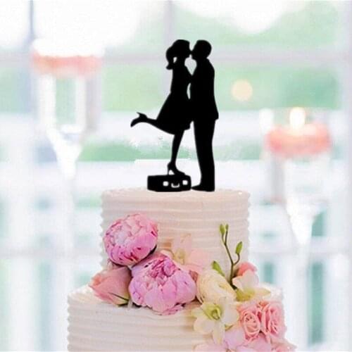 Honeymoon Couple Wedding Cake Topper, Kissing Bride and Groom Acrylic Silhouette stand on the box wedding decorations