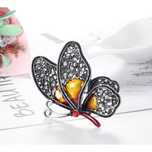Vintage Fashion Beautiful Black Big Butterfly Brooch Crystal Insect Pin Female