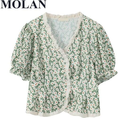 Women Fashion Cropped Shirt Floral Printed Vintage Short Sleeve Casual Shirts Blusas Female Chic Tops