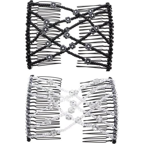 LOVEF 2Pcs Hair Magic Comb Clip for Women Girls Beaded Flower Barrette Hairpin Elastic Double Hair Combs Clips Hair Accessories