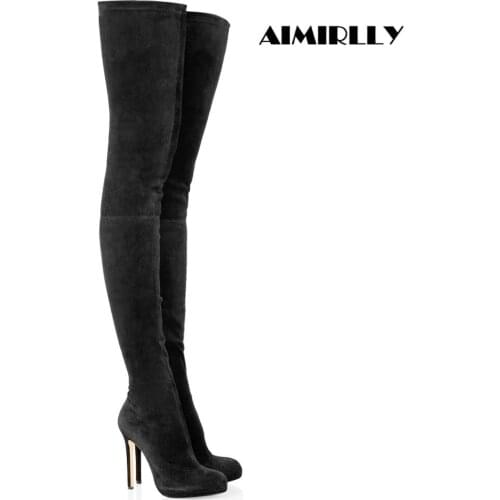 Womens Round Toe Over the Knee Boots High Heels Stilettos Platform Faux Suede Stretch Winter Long Boots Black