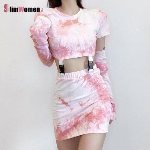 Summer Autumn Detachable Stitching Dress Set Women Pink Tie Dye Gothic Mini Dress Fashion Buckle Connect Streetwear Dress Set