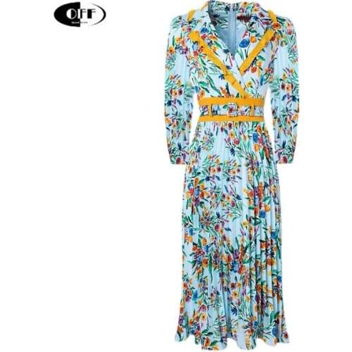 Designer Runway Autumn Midi Dresses For Women Vintage Floral Printed Ruffles Elegant Lady Chic French Zeity Femme Pleated Dress