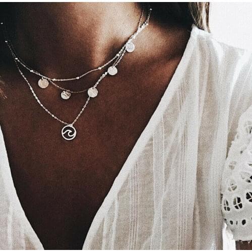 Womens Fashionable Multi-layer Pendant Necklace Round Pendant Silver Color ChainJewelry Anniversary