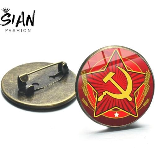SIAN USSR Symbol Red Star Sickle Hammer Brooch Cold War Soviet CCCP Russia Icon Series Badge Glass Dome Pins Souvenir Collection