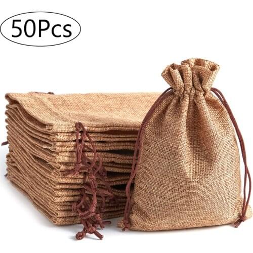 50pcs Vintage Natural Burlap Hessian Gift Candy Bags Wedding Party Favor Pouch Birthday Supplies Drawstrings Jute Gift Bags