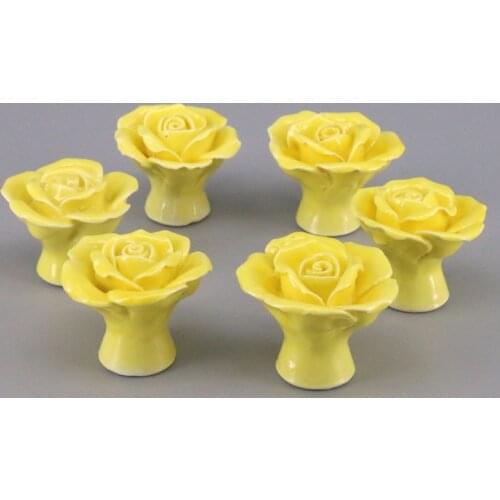 6PC Kids Room Kitchen Cupboard Cabinet Door Knob Wardrobe Drawer Ceramic Furniture Dresser Drawer Pulls handles Yellow Rose