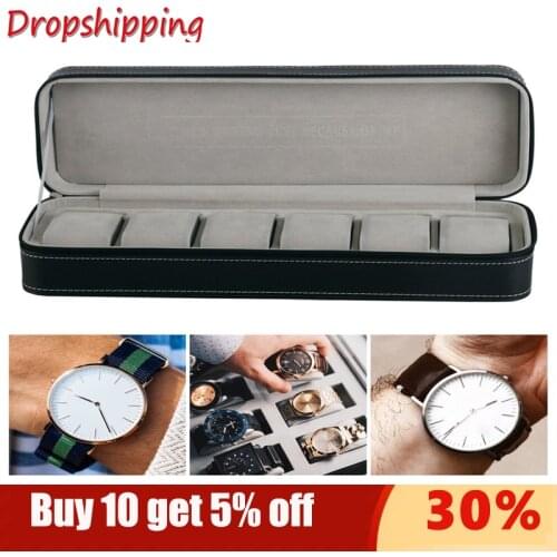 6 Slots Black Gray PU Leather Pratical Watch Storage Display Holder Box Case With Zipper Casket Packaging For Men Valentine Gift