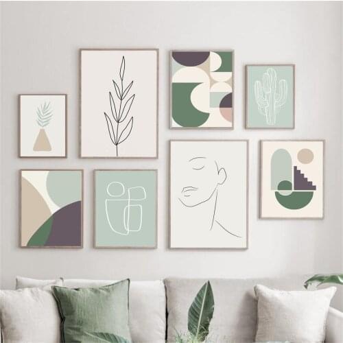 Abstract Lines Girl Cactus Picture Decorative Canvas Painting For Living Room Wall Decoration Home Decor