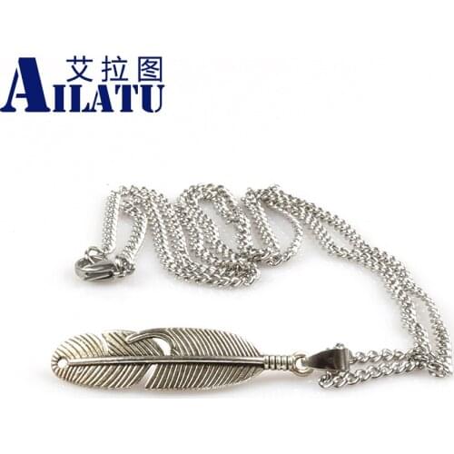 Ailatu New Arrival Zinc Alloy Feather Pendant and Stainless Steel Chain Necklace for Men and Women' Gifts