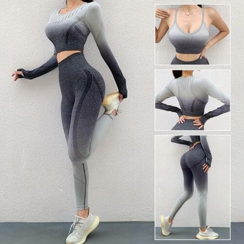 Seamless Yoga Suit Three Piece Suit Gradient Tight Elastic Fitness Set Women Running Suit Gym Set High Waist Sport Outfit