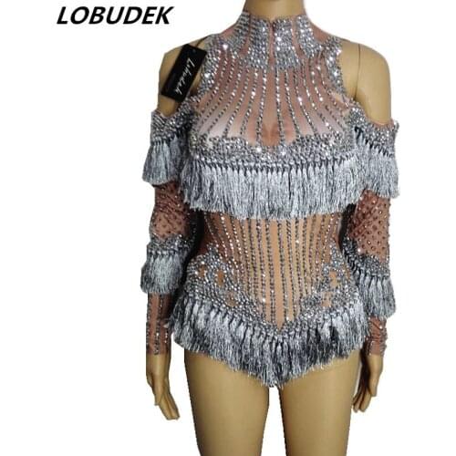 Silver Tassels Bling Rhinestones Bodysuit Nightclub Women Singer DJ DS Costume Bar Dancer Teams Performance Stage Wear Sexy Show