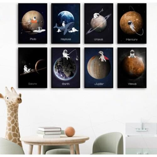 Baby Astronaut Space Planet Solar System UFO Nursery Wall Art Print Canvas Painting Nordic Poster Wall Pictures Kids Room Decor