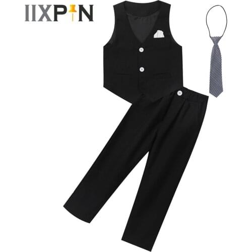 Kids Boys Suits Wedding Formal Suits for Boys Vest + Tie +Pants 3Pcs Birthday Party Dress Ceremony Gentleman Childrens Costumes