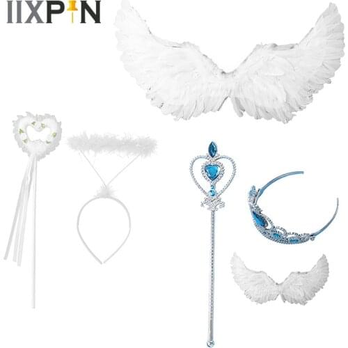 Children Baby Girls Angel Cosplay Costume Set White Feather Wings Headband Wand Kids Christmas Holiday Role Play Party Wear Set